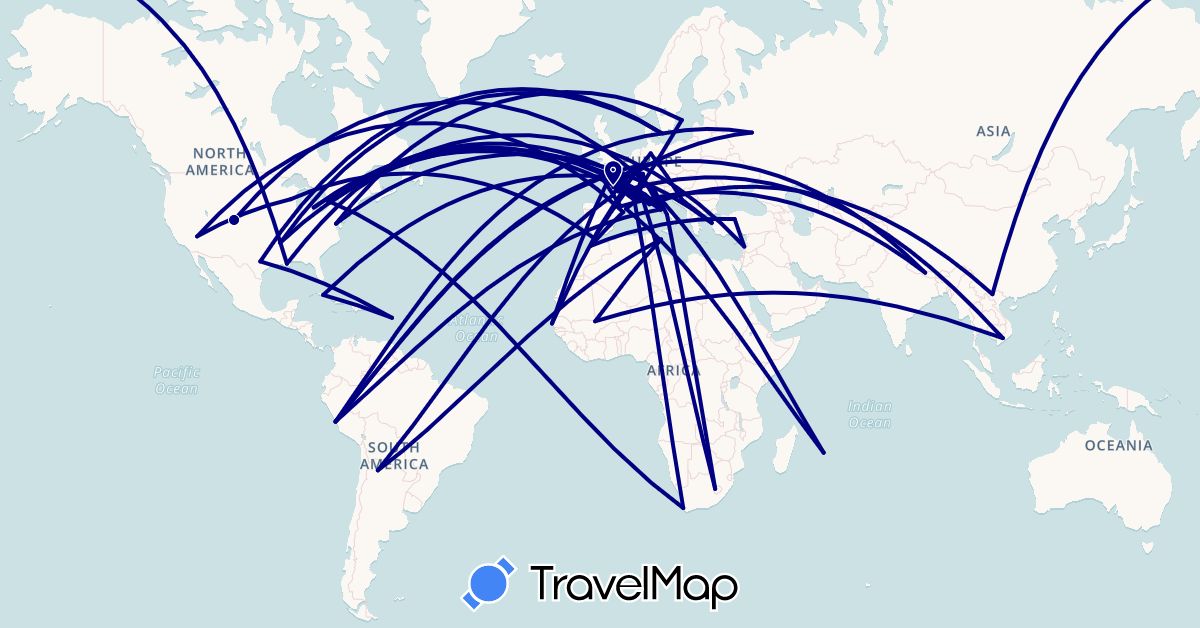 TravelMap itinerary: driving in Andorra, Argentina, Bosnia and Herzegovina, Canada, Switzerland, Cuba, Germany, Denmark, Spain, France, Greece, Italy, Lebanon, Lesotho, Luxembourg, Morocco, Mali, Mauritius, Nepal, Peru, Russia, Sweden, Senegal, Turkey, United States, Vietnam, South Africa (Africa, Asia, Europe, North America, South America)